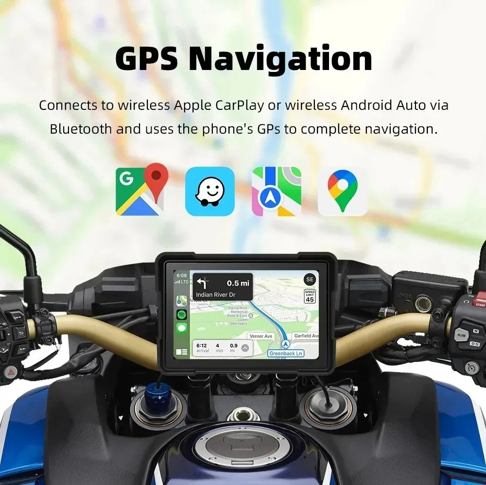 Pantalla Inteligente 5” para Moto con CarPlay y Android Auto – GPS, Bluetooth e IP67timedia Player