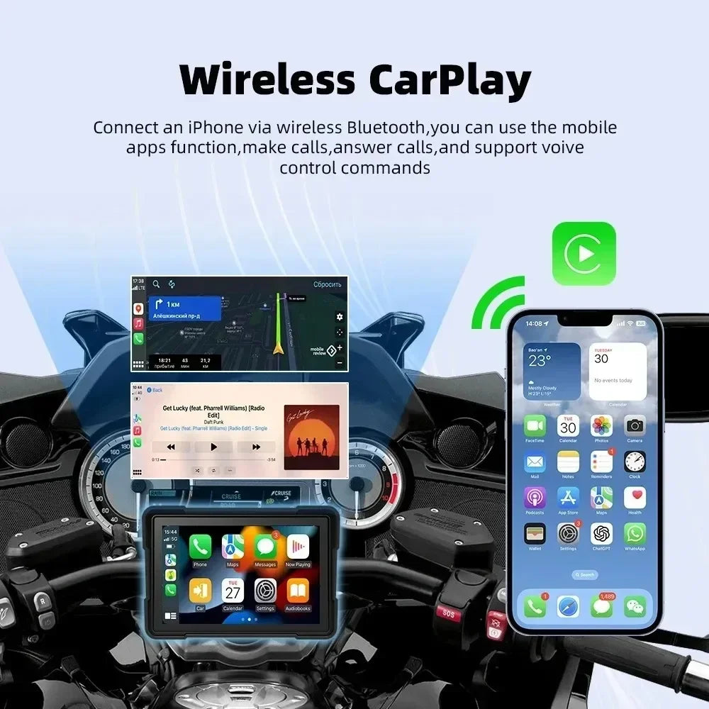 Pantalla Inteligente 5” para Moto con CarPlay y Android Auto – GPS, Bluetooth e IP67timedia Player