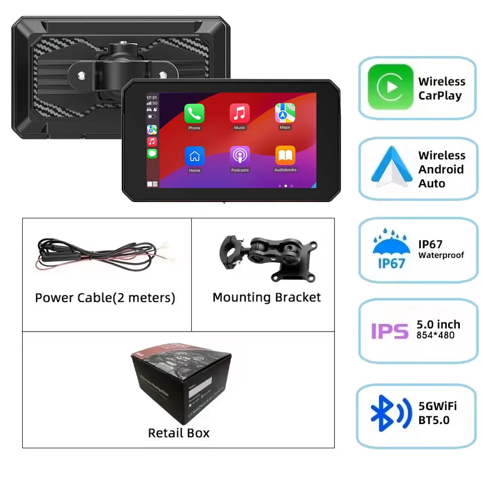Pantalla Inteligente 5” para Moto con CarPlay y Android Auto – GPS, Bluetooth e IP67timedia Player