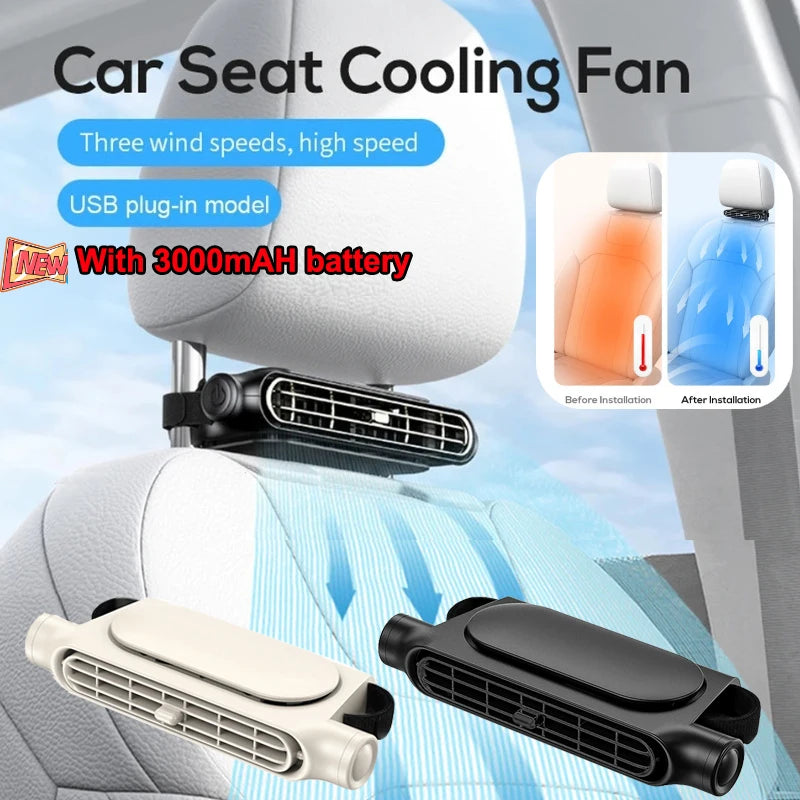 Large 3000Mah Car Cooling Fan for Backseat 3 Speeds Portable Car Seat Headrest Fan Electric Car Seat Fan for Mini Car RV Sedans