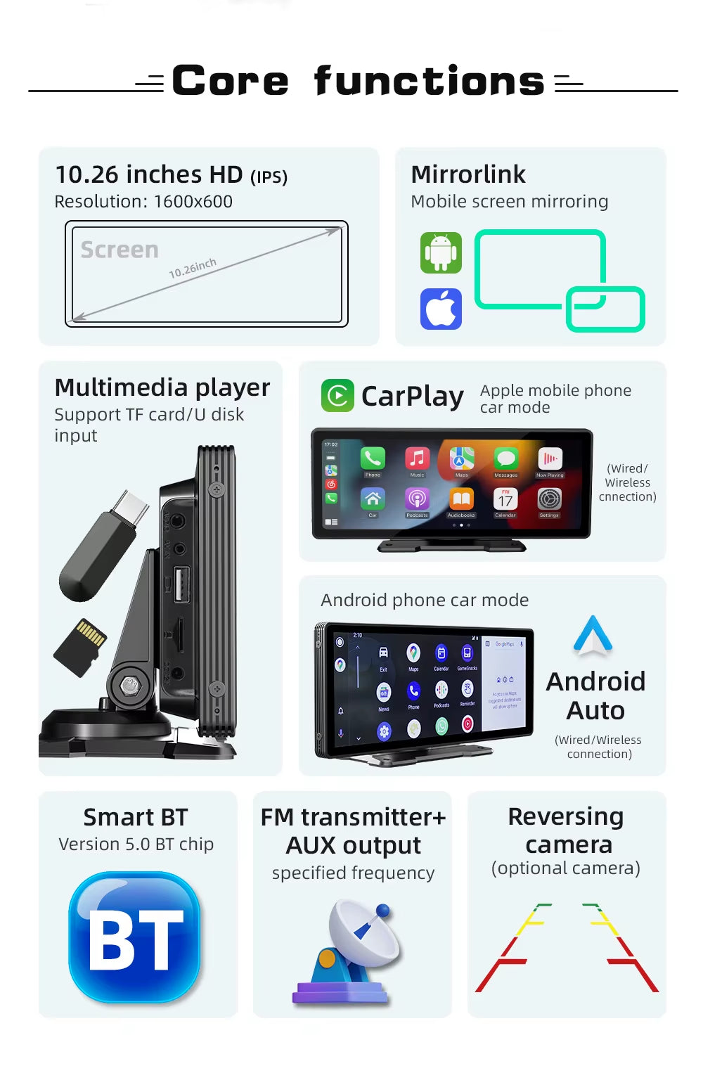 Pantalla CarPlay Inalámbrica 10.26” con Cámara de Reversa AHD